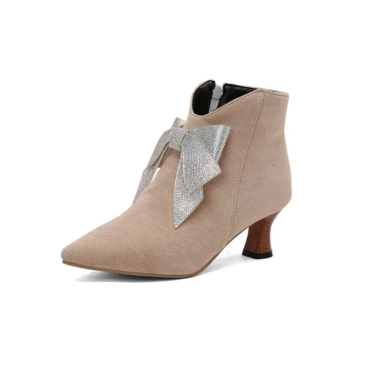 Women's Bowtie Pointed Toe Hoof Heel Ankle Boots