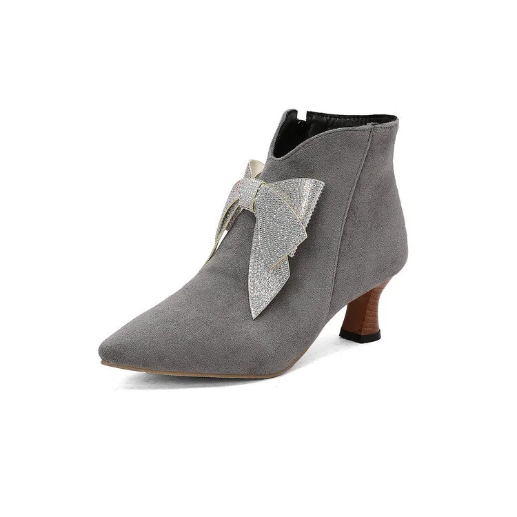 Women's Bowtie Pointed Toe Hoof Heel Ankle Boots