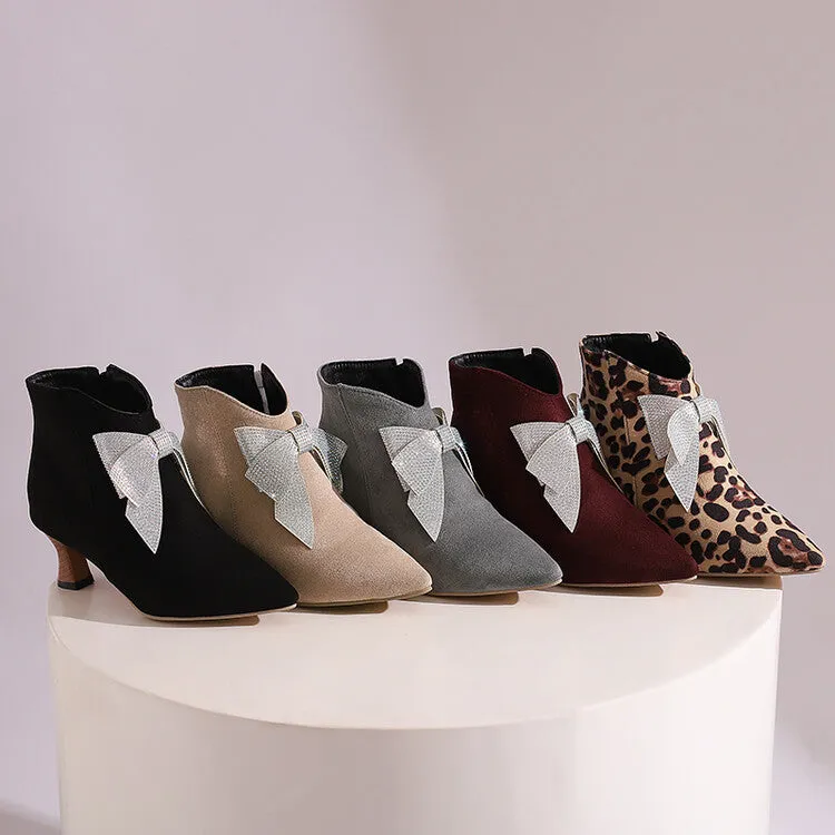 Women's Bowtie Pointed Toe Hoof Heel Ankle Boots