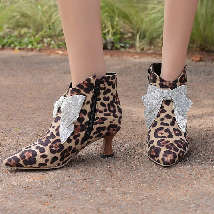 Women's Bowtie Pointed Toe Hoof Heel Ankle Boots