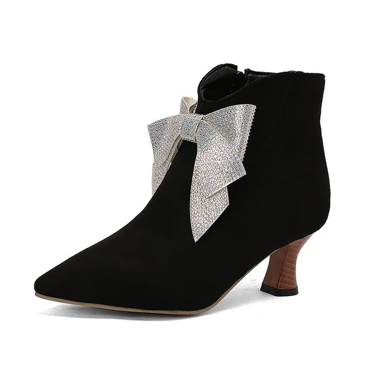 Women's Bowtie Pointed Toe Hoof Heel Ankle Boots