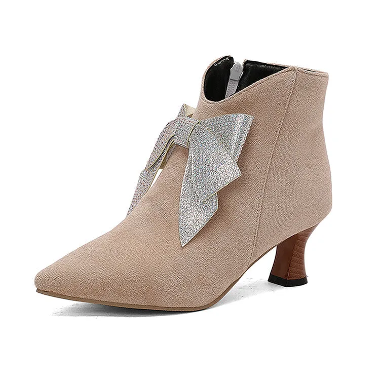 Women's Bowtie Pointed Toe Hoof Heel Ankle Boots