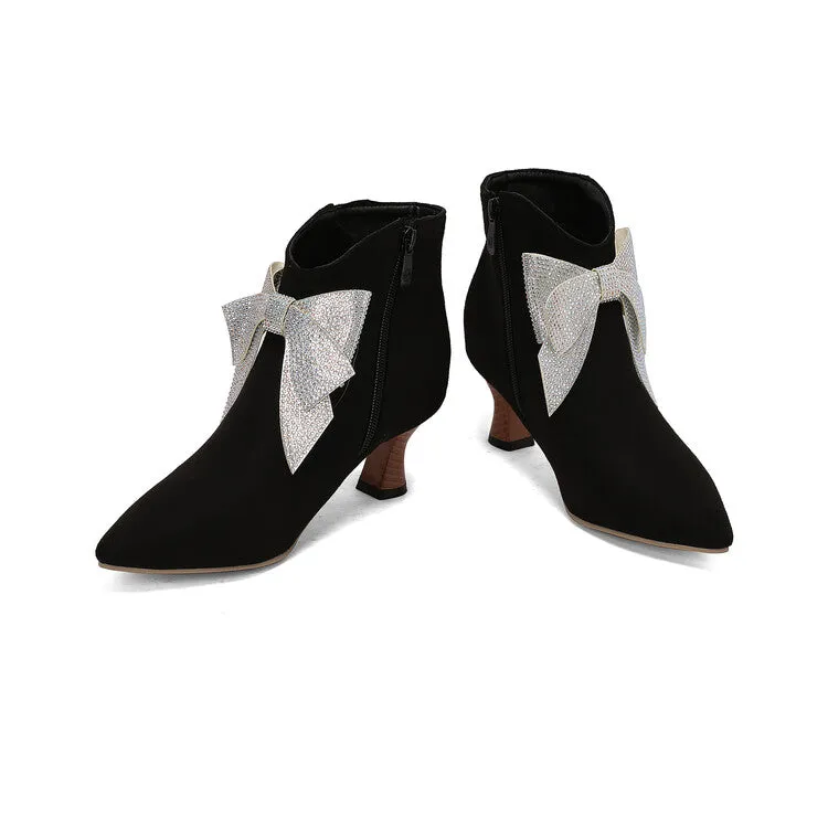 Women's Bowtie Pointed Toe Hoof Heel Ankle Boots