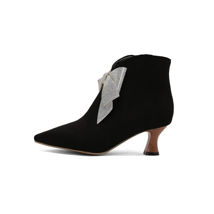 Women's Bowtie Pointed Toe Hoof Heel Ankle Boots