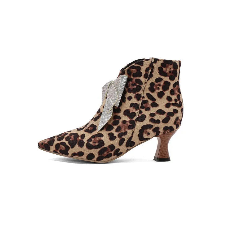Women's Bowtie Pointed Toe Hoof Heel Ankle Boots