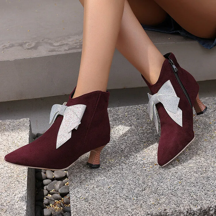 Women's Bowtie Pointed Toe Hoof Heel Ankle Boots