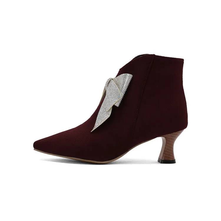 Women's Bowtie Pointed Toe Hoof Heel Ankle Boots