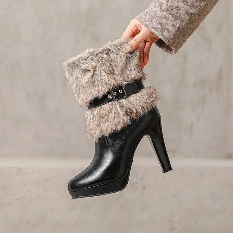 Women's Buckle Strap Round Toe Spike Heel Platform Ankle Boots
