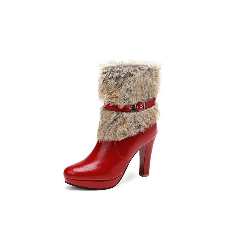 Women's Buckle Strap Round Toe Spike Heel Platform Ankle Boots