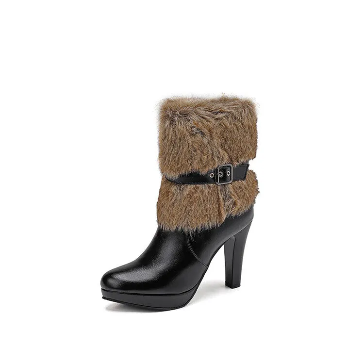 Women's Buckle Strap Round Toe Spike Heel Platform Ankle Boots