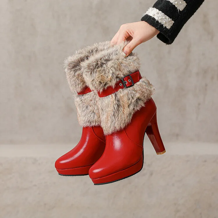 Women's Buckle Strap Round Toe Spike Heel Platform Ankle Boots