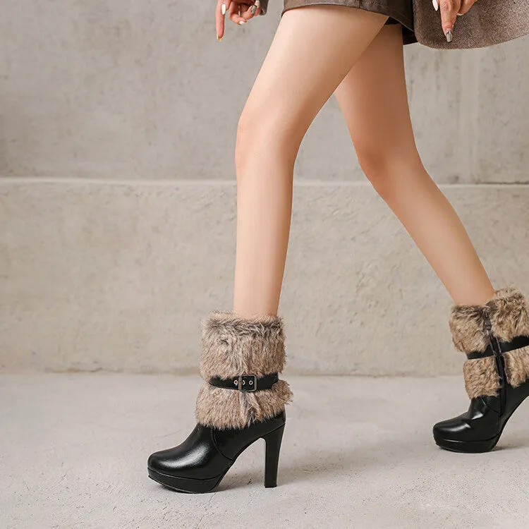 Women's Buckle Strap Round Toe Spike Heel Platform Ankle Boots