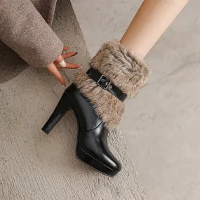 Women's Buckle Strap Round Toe Spike Heel Platform Ankle Boots