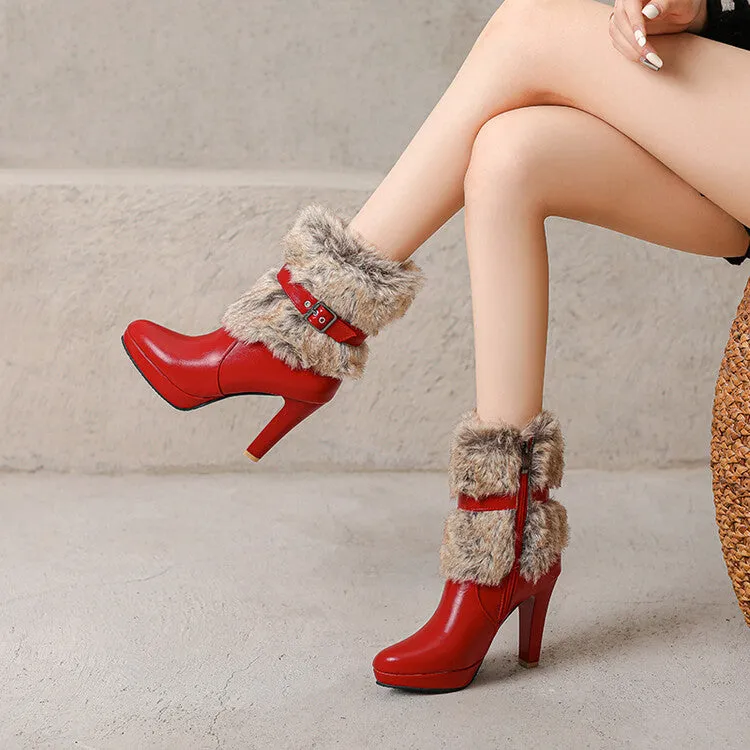 Women's Buckle Strap Round Toe Spike Heel Platform Ankle Boots