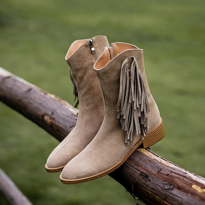 Women's Nubuck Leather Mid Calf Tassels Boots With Side Zipper In Camel/Khaki