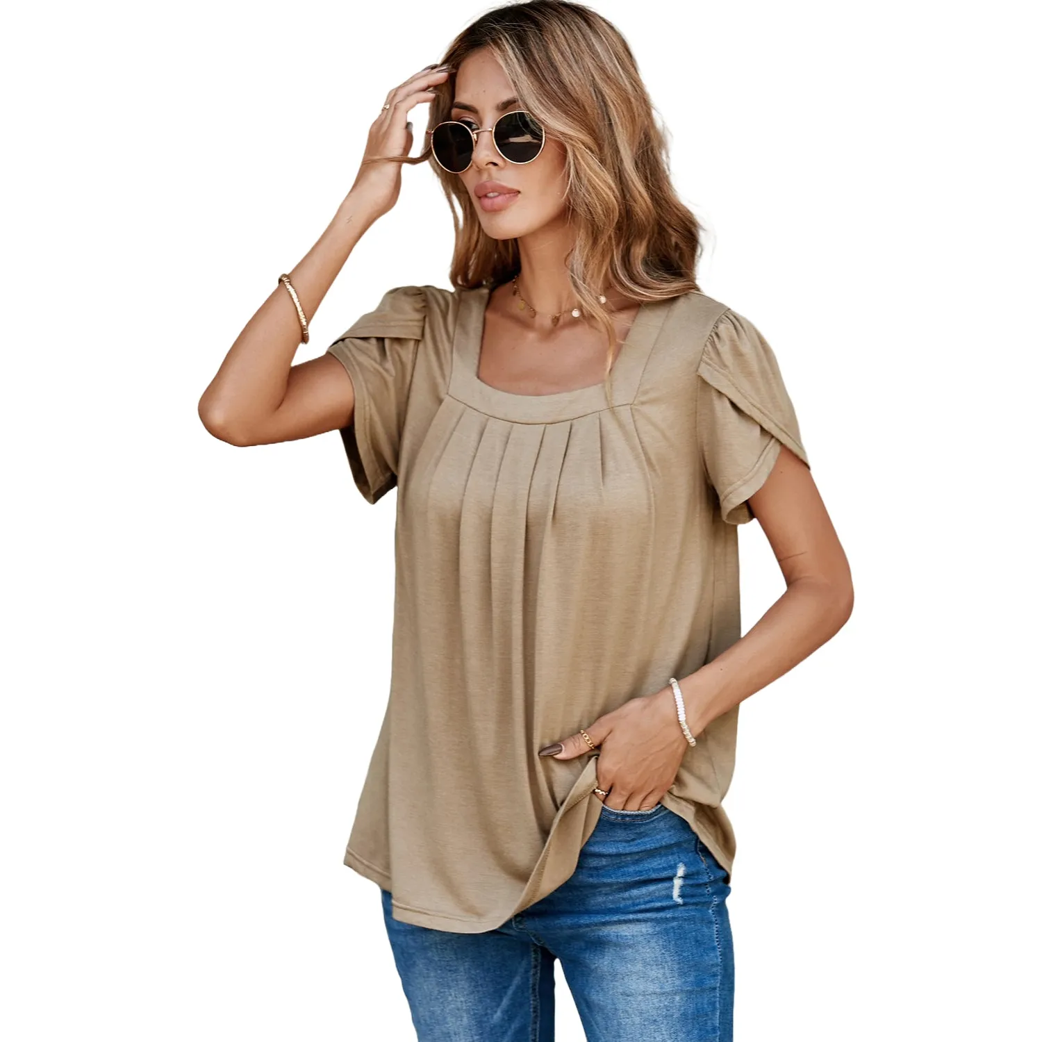 Women's Petal Short Sleeve Square Neck Tunic Tops