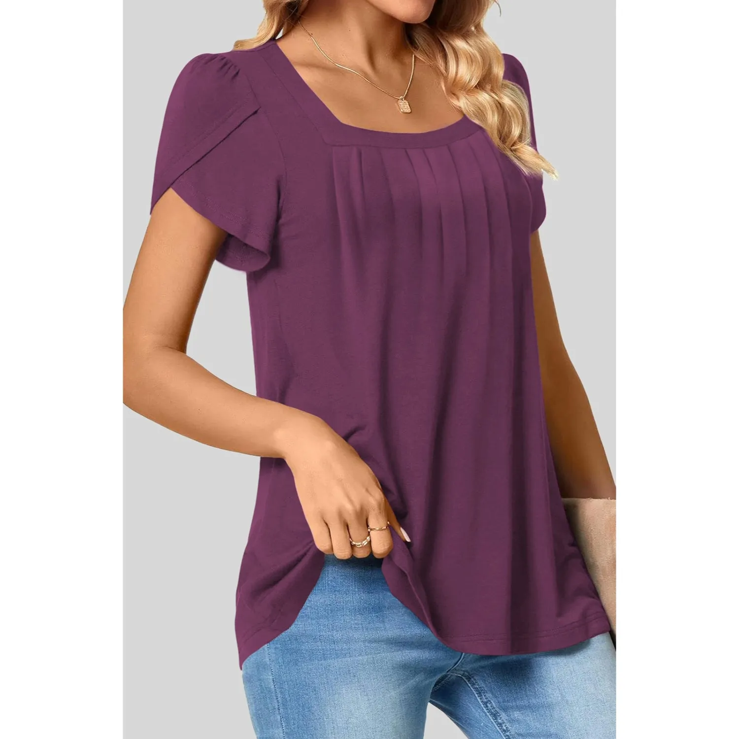 Women's Petal Short Sleeve Square Neck Tunic Tops