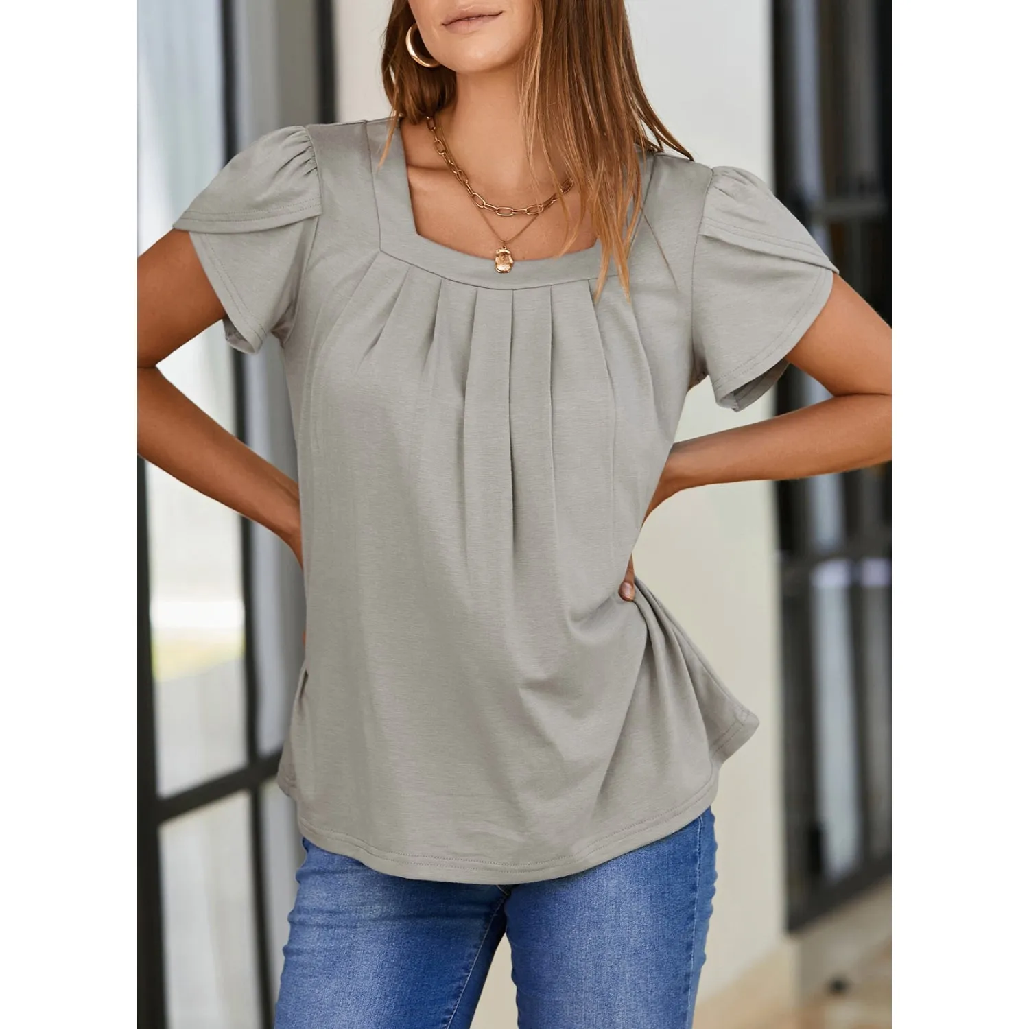 Women's Petal Short Sleeve Square Neck Tunic Tops