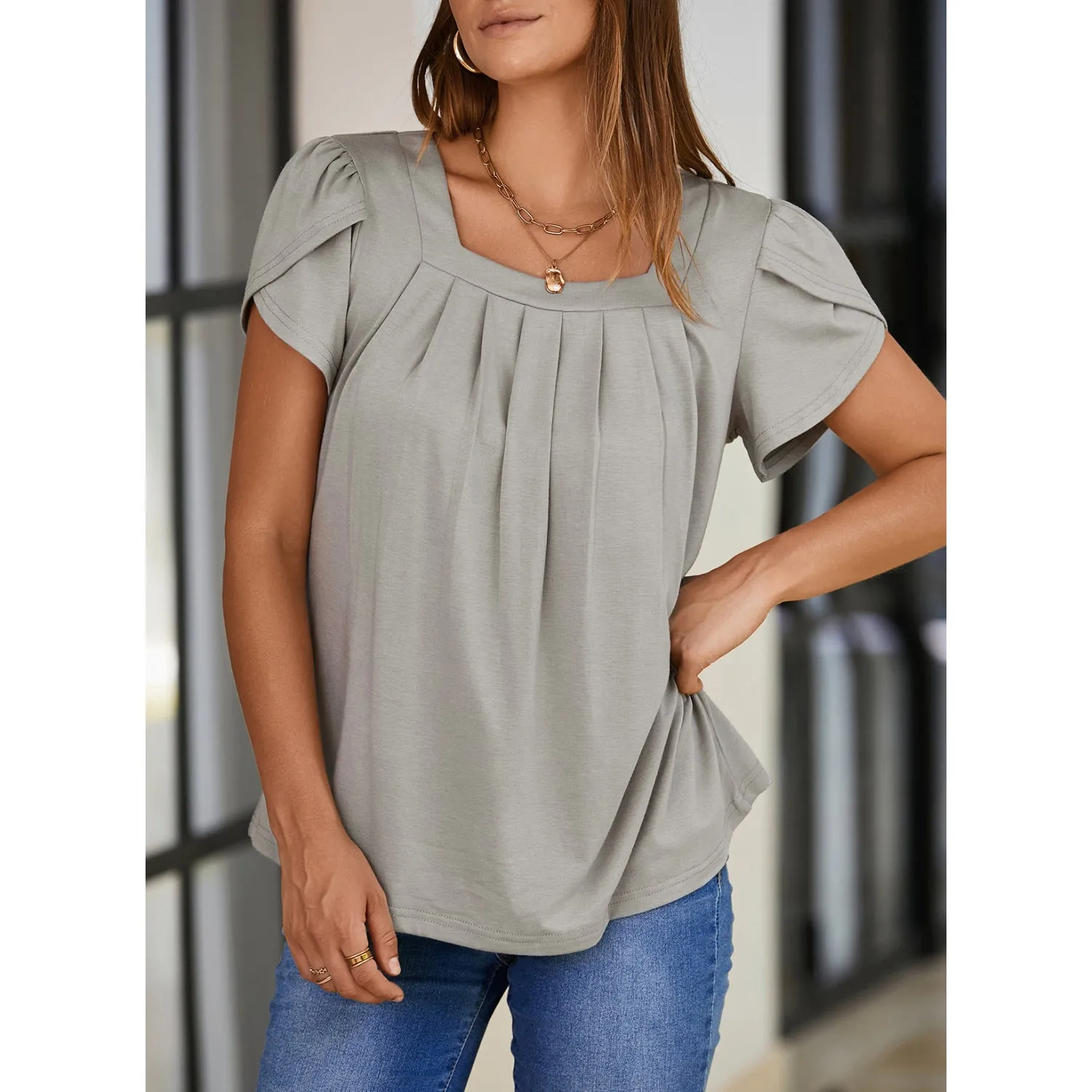 Women's Petal Short Sleeve Square Neck Tunic Tops