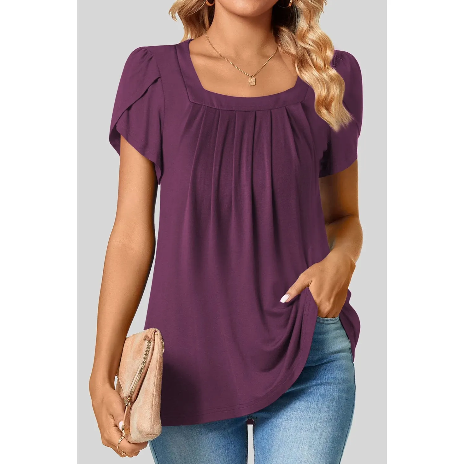Women's Petal Short Sleeve Square Neck Tunic Tops
