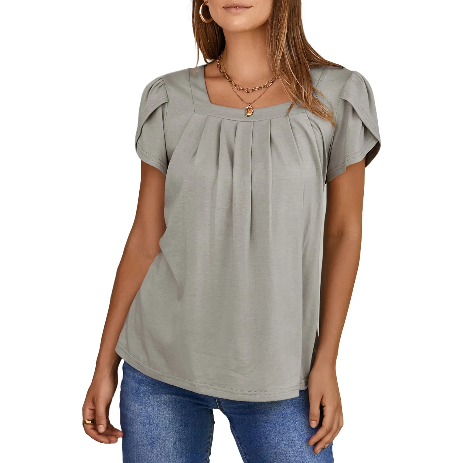 Women's Petal Short Sleeve Square Neck Tunic Tops
