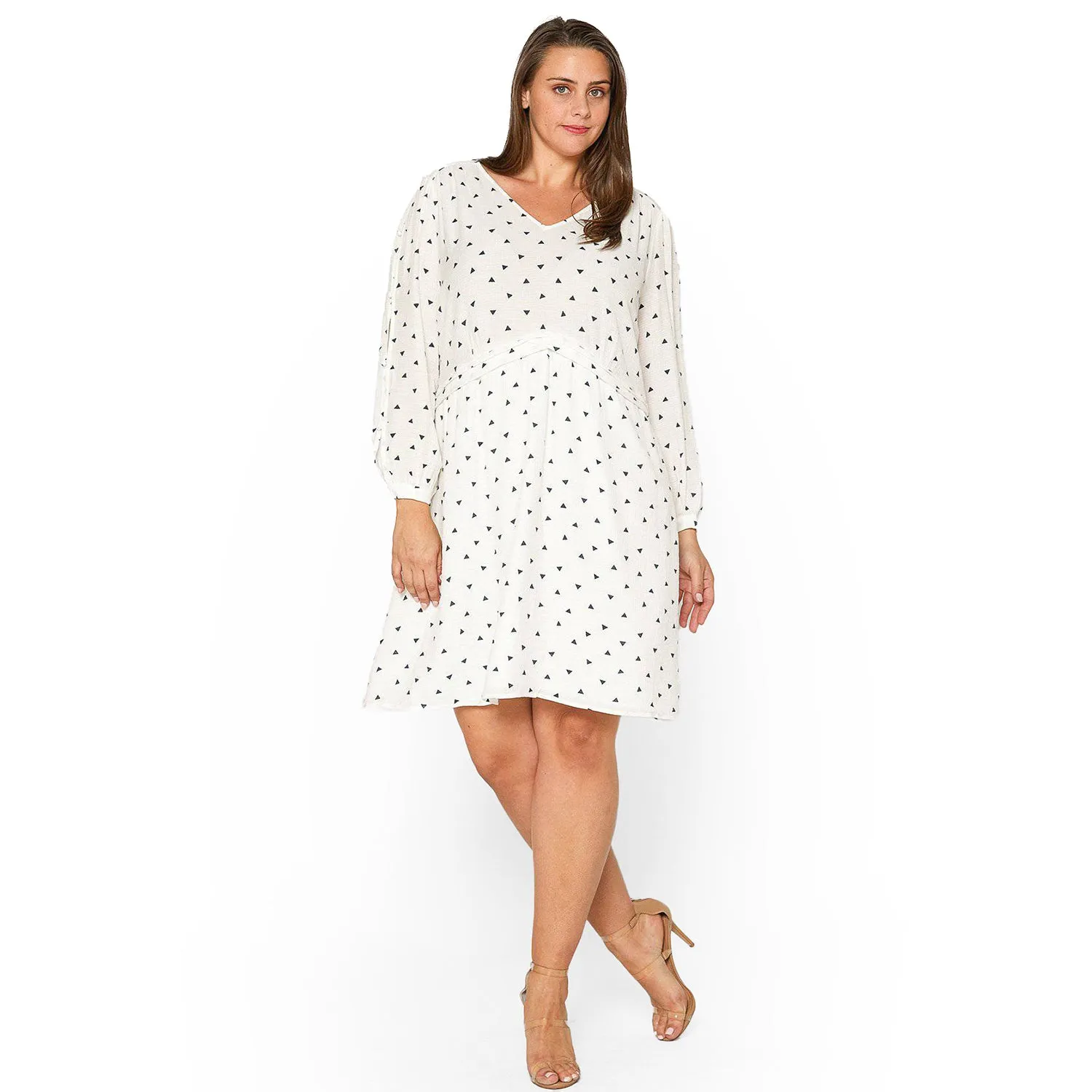 Women's Plus Size Triangle Print Long Sleeve Dress in White Triangle