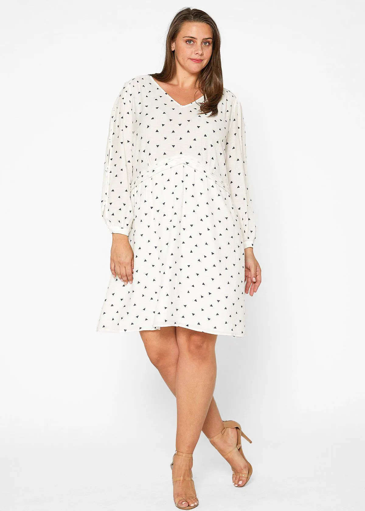 Women's Plus Size Triangle Print Long Sleeve Dress in White Triangle