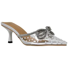 Women's Pointed Toe Heels Pumps Clear Rhinestones Bow Sandals White