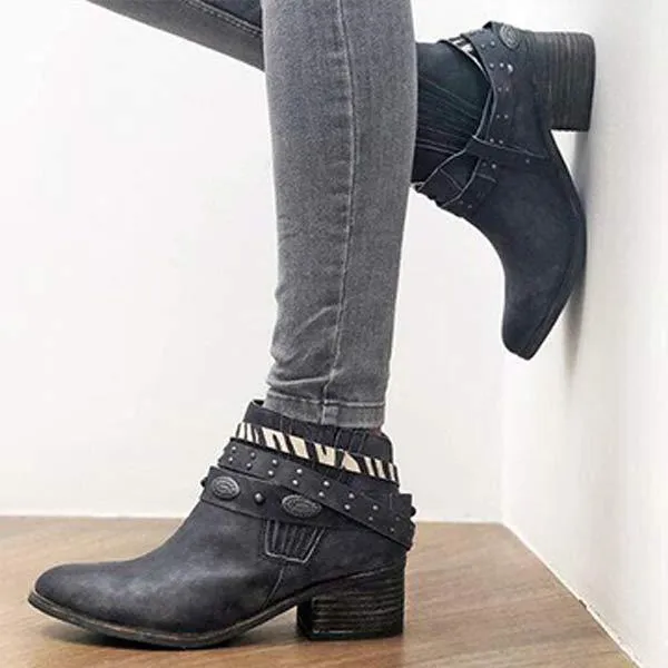 Women's Retro Square Heel Mid-Heel Short Boots 60579630C