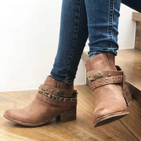 Women's Retro Square Heel Mid-Heel Short Boots 60579630C