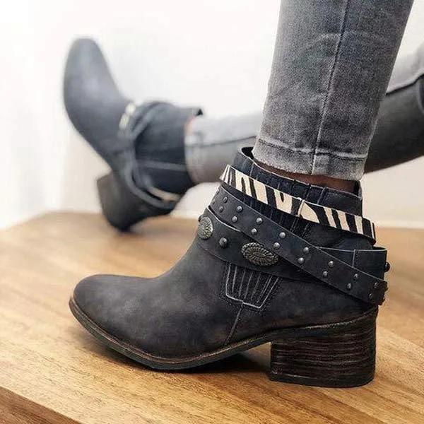 Women's Retro Square Heel Mid-Heel Short Boots 60579630C
