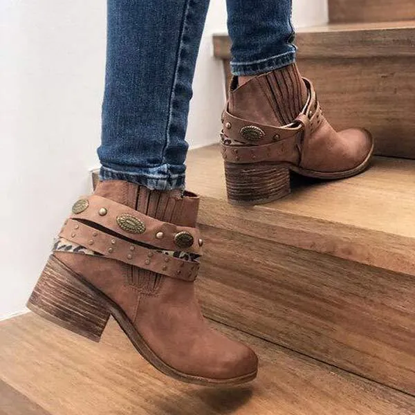 Women's Retro Square Heel Mid-Heel Short Boots 60579630C