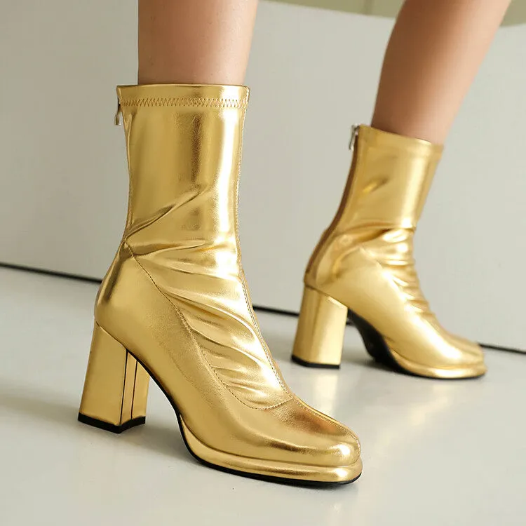 Women's Square Toe Block Heel Platform Short Boots