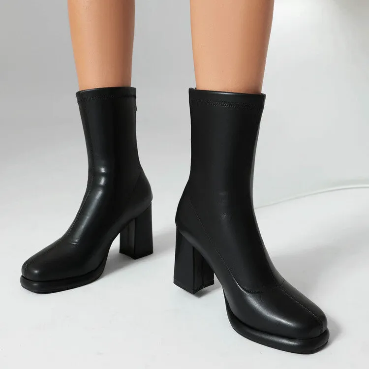 Women's Square Toe Block Heel Platform Short Boots