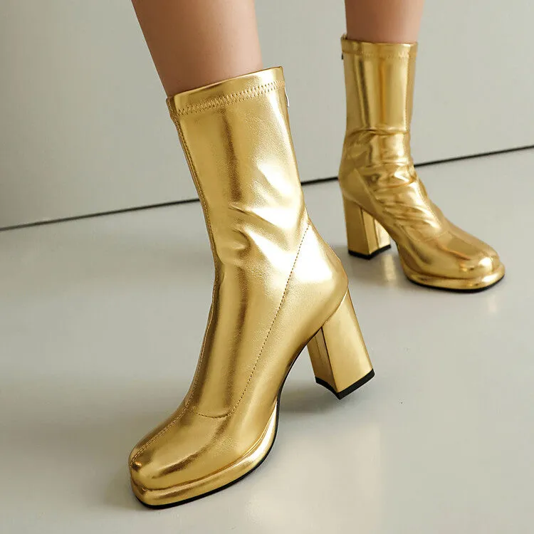 Women's Square Toe Block Heel Platform Short Boots