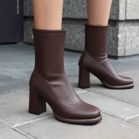 Women's Square Toe Block Heel Platform Short Boots