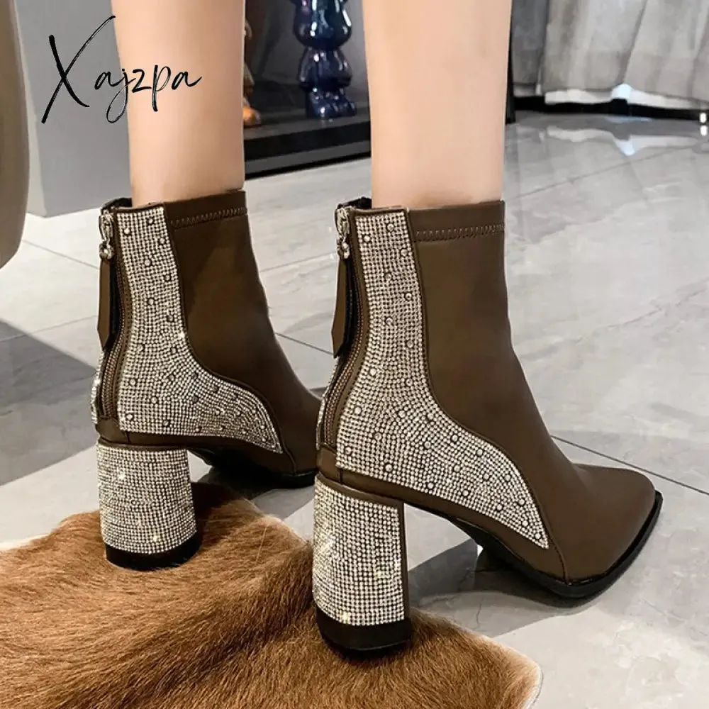 Xajzpa - Chunky Women Ankle Chelsea Boots Brand Pumps Designer Crystal High Heels Shoes Winter New Fashion Dress Goth Women Boots