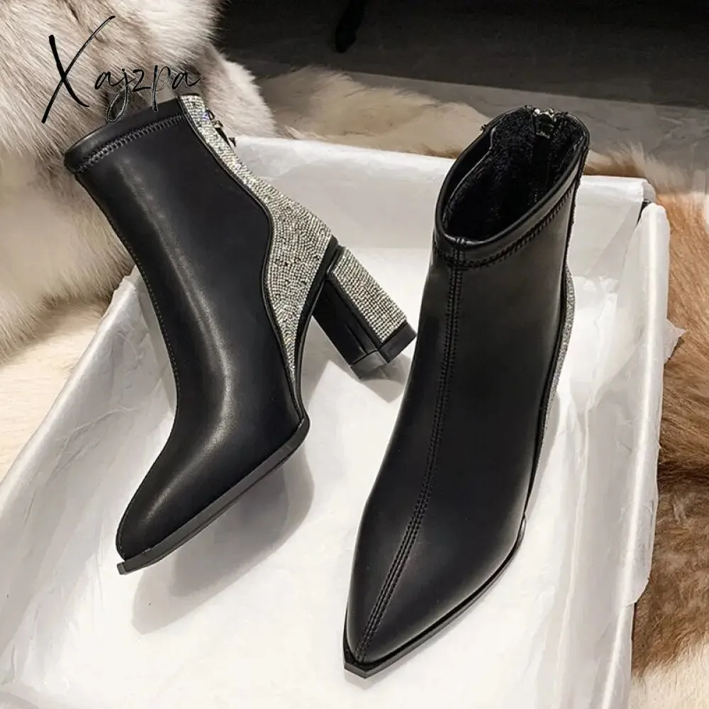 Xajzpa - Chunky Women Ankle Chelsea Boots Brand Pumps Designer Crystal High Heels Shoes Winter New Fashion Dress Goth Women Boots