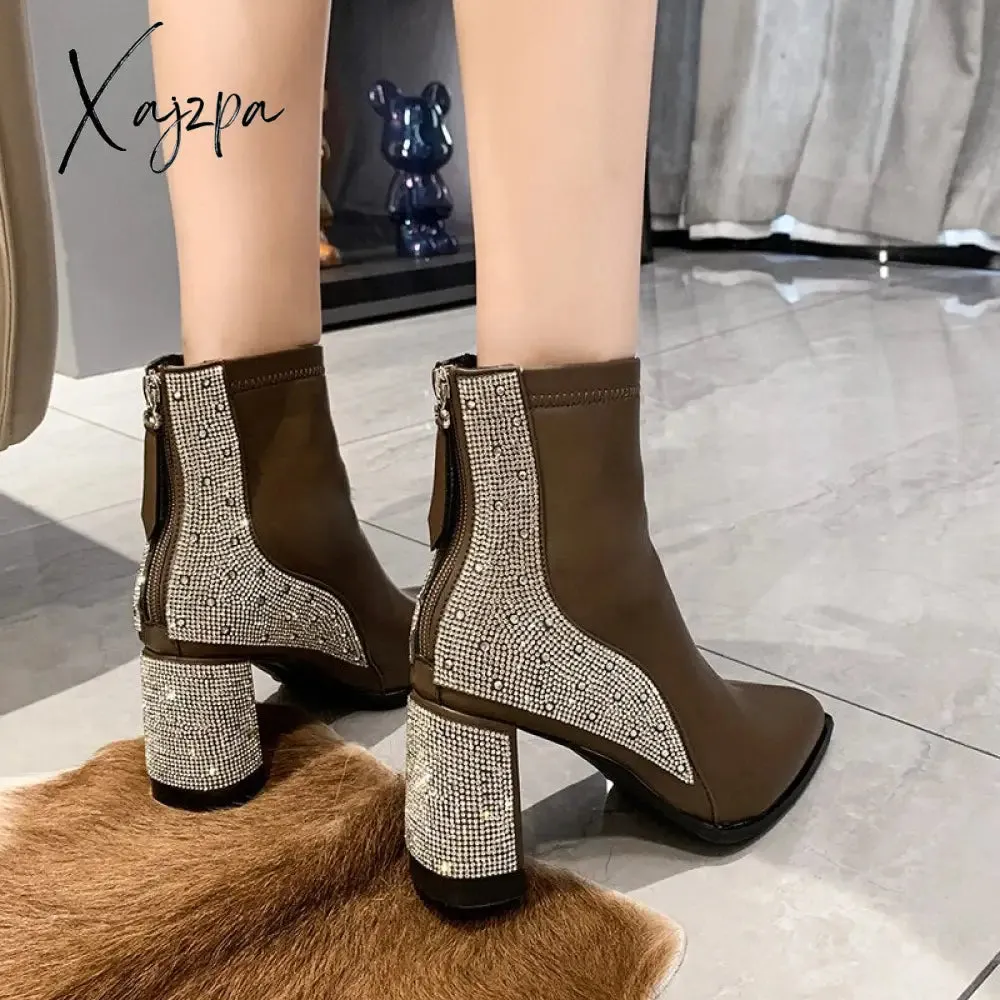 Xajzpa - Chunky Women Ankle Chelsea Boots Brand Pumps Designer Crystal High Heels Shoes Winter New Fashion Dress Goth Women Boots