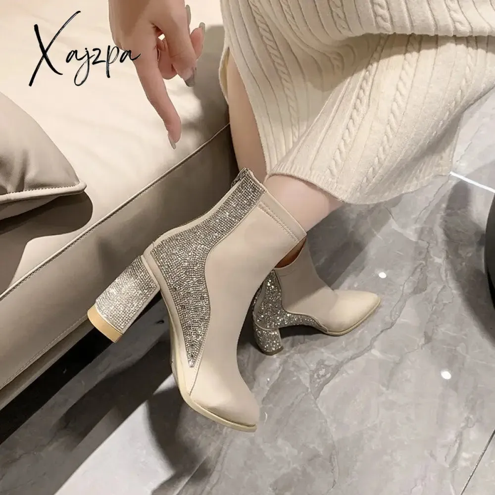 Xajzpa - Chunky Women Ankle Chelsea Boots Brand Pumps Designer Crystal High Heels Shoes Winter New Fashion Dress Goth Women Boots