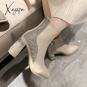 Xajzpa - Chunky Women Ankle Chelsea Boots Brand Pumps Designer Crystal High Heels Shoes Winter New Fashion Dress Goth Women Boots