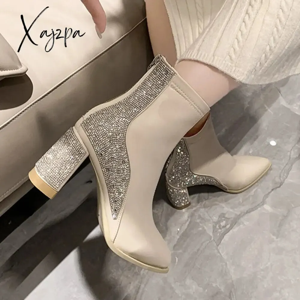 Xajzpa - Chunky Women Ankle Chelsea Boots Brand Pumps Designer Crystal High Heels Shoes Winter New Fashion Dress Goth Women Boots