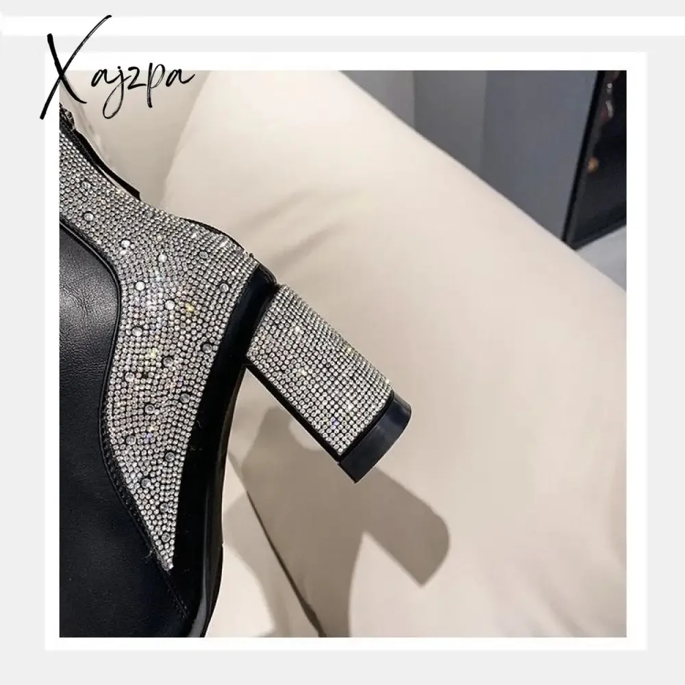 Xajzpa - Chunky Women Ankle Chelsea Boots Brand Pumps Designer Crystal High Heels Shoes Winter New Fashion Dress Goth Women Boots